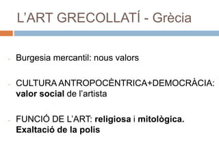 L’ART GRECOLLATÍ - Grècia
- Burgesia mercantil: nous valors
- CULTURA ANTROPOCÈNTRICA+DEMOCRÀCIA:
valor social de l’artista
- FUNCIÓ DE L’ART: religiosa i mitològica.
Exaltació de la polis
 