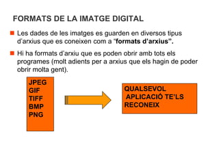 FORMATS DE LA IMATGE DIGITAL
 Les dades de les imatges es guarden en diversos tipus
  d’arxius que es coneixen com a “formats d’arxius”.
 Hi ha formats d’arxiu que es poden obrir amb tots els
  programes (molt adients per a arxius que els hagin de poder
  obrir molta gent).
      JPEG
      GIF                            QUALSEVOL
      TIFF                           APLICACIÓ TE’LS
      BMP                            RECONEIX
      PNG
 