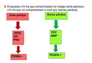  D’aquests n’hi ha que comprimeixen la imatge (amb pèrdua) i
  n’hi ha que no comprimeixen o molt poc (sense pèrdua).
    Amb pèrdua                  Sense pèrdua




       JPEG                        TIFF
       GIF                         BMP
       PNG




     PESEN -                      PESEN +
 