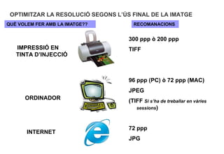 OPTIMITZAR LA RESOLUCIÓ SEGONS L’ÚS FINAL DE LA IMATGE
QUÈ VOLEM FER AMB LA IMATGE??         RECOMANACIONS


                                    300 ppp ò 200 ppp
   IMPRESSIÓ EN                     TIFF
   TINTA D’INJECCIÓ



                                    96 ppp (PC) ò 72 ppp (MAC)
                                    JPEG
      ORDINADOR
                                    (TIFF Si s’ha de treballar en vàries
                                       sessions)



                                    72 ppp
       INTERNET
                                    JPG
 