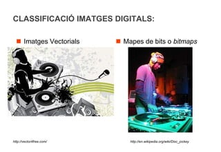 CLASSIFICACIÓ IMATGES DIGITALS:

   Imatges Vectorials     Mapes de bits o bitmaps




http://vector4free.com/       http://en.wikipedia.org/wiki/Disc_jockey
 