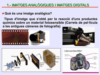 1.- IMATGES ANALÒGIQUES I IMATGES DIGITALS1.- IMATGES ANALÒGIQUES I IMATGES DIGITALS
Què és una imatge analògica?
Tipus d'imatge que s'obté per la reacció d'uns productes
químics sobre un material fotosensible (Carrets de pel·lícula
a les antigues càmeres de fotografia)
 