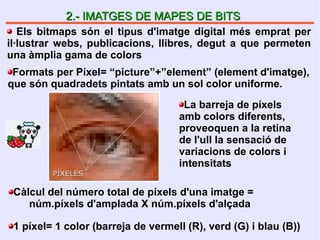 2.- IMATGES DE MAPES DE BITS2.- IMATGES DE MAPES DE BITS
Els bitmaps són el tipus d'imatge digital més emprat per
il·lustrar webs, publicacions, llibres, degut a que permeten
una àmplia gama de colors
Formats per Píxel= “picture”+”element” (element d'imatge),
que són quadradets pintats amb un sol color uniforme.
Càlcul del número total de píxels d'una imatge =
núm.píxels d'amplada X núm.píxels d'alçada
1 píxel= 1 color (barreja de vermell (R), verd (G) i blau (B))
La barreja de píxels
amb colors diferents,
proveoquen a la retina
de l'ull la sensació de
variacions de colors i
intensitats
 