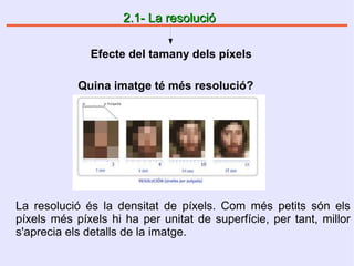 2.1- La resolució2.1- La resolució
Efecte del tamany dels píxels
Quina imatge té més resolució?
La resolució és la densitat de píxels. Com més petits són els
píxels més píxels hi ha per unitat de superfície, per tant, millor
s'aprecia els detalls de la imatge.
 