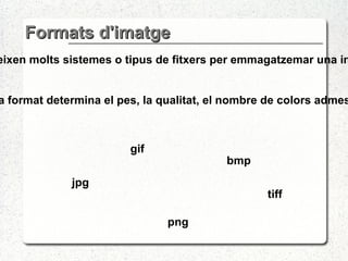 Formats d'imatge jpg gif bmp png tiff Existeixen molts sistemes o tipus de fitxers per emmagatzemar una imatge. Cada format determina el pes, la qualitat, el nombre de colors admesos... 