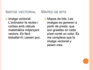 IMATGE VECTORIAL MAPES DE BITS 
 Imatge vectorial: 
L’ordinador fa rectes i 
corbes amb càlculs 
matemàtics mitjançant 
vectors. Es fàcil 
treballar-hi i pesen poc. 
 Mapes de bits: Les 
imatges es generen a 
partir de píxels, que 
son graelles on cada 
píxel conté un color. És 
me complexa que la 
imatge vectorial y 
pesen mes. 
