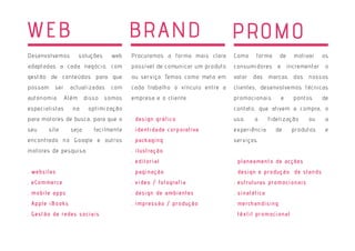 Desenvolvemos soluções web
adaptadas a cada negócio, com
gestão de conteúdos para que
possam ser actualizadas com
autonomia. Além disso somos
especialistas na optimização
para motores de busca, para que o
seu site seja facilmente
encontrado no Google e outros
motores de pesquisa.
. websites
. eCommerce
. mobile apps
. Apple iBooks
. Gestão de redes sociais
Procuramos a forma mais clara
possível de comunicar um produto
ou serviço. Temos como meta em
cada trabalho o vínculo entre a
empresa e o cliente.
. design gráfico
. identidade corporativa
. packaging
. ilustração
. editorial
. paginação
. video / fotografia
. design de ambientes
. impressão / produção
Como forma de motivar os
consumidores e incrementar o
valor das marcas dos nossos
clientes, desenvolvemos técnicas
promocionais e pontos de
contato, que ativem a compra, o
uso, a fidelização ou a
experiência de produtos e
serviços.
. planeamento de acções
. design e produção de stands
. estruturas promocionais
. sinalética
. merchandising
. têxtil promocional
 