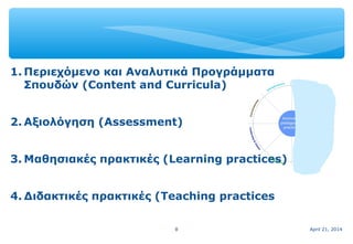 April 21, 20148
1. Περιεχόμενο και Αναλυτικά Προγράμματα
Σπουδών (Content and Curricula)
2. Αξιολόγηση (Assessment)
3. Μαθησιακές πρακτικές (Learning practices)
4. Διδακτικές πρακτικές (Teaching practices
 