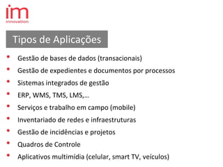 • Gestão de bases de dados (transacionais)
• Gestão de expedientes e documentos por processos
• Sistemas integrados de gestão
• ERP, WMS, TMS, LMS,…
• Serviços e trabalho em campo (mobile)
• Inventariado de redes e infraestruturas
• Gestão de incidências e projetos
• Quadros de Controle
• Aplicativos multimídia (celular, smart TV, veículos)
Tipos de Aplicações
 