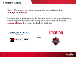 A BETTER MODEL Most offerings come from companies focused on either  Storage   or  Security . Imation has supplemented its foundation as a storage company with key partnerships in security to create a broad, unique,  secure storage   Defender Collection portfolio + 