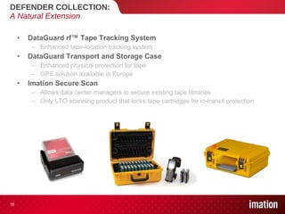 DEFENDER COLLECTION: A Natural Extension DataGuard rf™ Tape Tracking System Enhanced tape-location tracking system DataGuard Transport and Storage Case Enhanced physical protection for tape GPS solution available in Europe Imation Secure Scan Allows data center managers to secure existing tape libraries Only LTO scanning product that locks tape cartridges for in-transit protection 