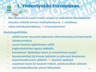 •
•
•

BAU (business as usual –malli), muutos on määrällistä eikä laadullista
talouden ehdoilla toimiva mediayhteiskunta  tehokkuus
vahva individualismikehitys  eriarvoistuminen

Koulutuspolitiikka:
•
•
•
•
•
•
•
•

vallalla tunne resurssien jatkuvasta vähenemisestä ja kiristymisestä
lukukausimaksut
suuret tasoerot oppilaitosten välillä
englanninkielinen opetus kaikkialla
Kasvatetaan ”globaaleja luovia ja innovatiivisia osaajia”.
Kasvatustehtävä jää kiivaan työtahdin ja jatkuvasti kovenevien
osaamisvaatimusten jalkoihin  väsyneet opettajat
osaamisen tason EU-tasoiset mittarit, valtakunnalliset välitestit
isot koulukeskittymät, pienet lakkautettu
44

 