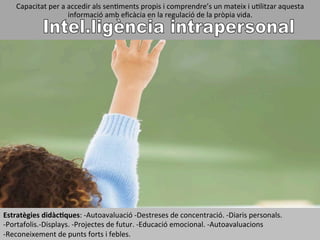 Capacitat	
  per	
  a	
  accedir	
  als	
  senIments	
  propis	
  i	
  comprendre’s	
  un	
  mateix	
  i	
  uIlitzar	
  aquesta	
  
informació	
  amb	
  eﬁcàcia	
  en	
  la	
  regulació	
  de	
  la	
  pròpia	
  vida.	
  
	
  
Estratègies	
  didàcHques:	
  -­‐Autoavaluació	
  -­‐Destreses	
  de	
  concentració.	
  -­‐Diaris	
  personals.	
  
-­‐Portafolis.-­‐Displays.	
  -­‐Projectes	
  de	
  futur.	
  -­‐Educació	
  emocional.	
  -­‐Autoavaluacions	
  
-­‐Reconeixement	
  de	
  punts	
  forts	
  i	
  febles.	
  
 