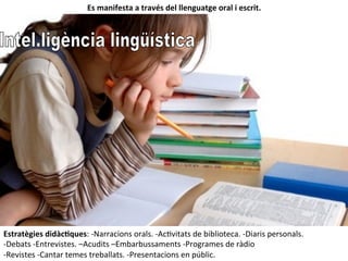 Estratègies	
  didàcHques:	
  -­‐Narracions	
  orals.	
  -­‐AcIvitats	
  de	
  biblioteca.	
  -­‐Diaris	
  personals.	
  
-­‐Debats	
  -­‐Entrevistes.	
  –Acudits	
  –Embarbussaments	
  -­‐Programes	
  de	
  ràdio	
  
-­‐Revistes	
  -­‐Cantar	
  temes	
  treballats.	
  -­‐Presentacions	
  en	
  públic.	
  
Es	
  manifesta	
  a	
  través	
  del	
  llenguatge	
  oral	
  i	
  escrit.	
  
 