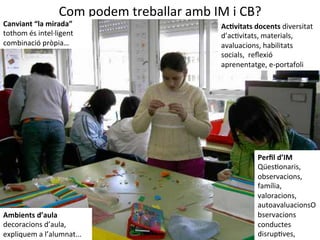 Com	
  podem	
  treballar	
  amb	
  IM	
  i	
  CB?	
  
AcHvitats	
  docents	
  diversitat	
  	
  
d’acIvitats,	
  materials,	
  
avaluacions,	
  habilitats	
  
socials,	
  	
  reﬂexió	
  
aprenentatge,	
  e-­‐portafoli	
  
Perﬁl	
  d’IM	
  
QüesIonaris,	
  
observacions,	
  	
  	
  
família,	
  	
  	
  	
  	
  	
  
valoracions,	
  	
  
autoavaluacionsO
bservacions	
  
conductes	
  
disrupIves,	
  
Canviant	
  “la	
  mirada”	
  	
  	
  	
  	
  
tothom	
  és	
  intel·∙ligent	
  	
  
combinació	
  pròpia…	
  
Ambients	
  d’aula	
  
decoracions	
  d’aula,	
  
expliquem	
  a	
  l’alumnat...	
  
 