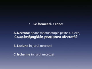 Ce se întâmplă în porțiunea afectată?
• Se formează 3 zone:
A.Necroza: apare macroscropic peste 4-6 ore,
microscopic peste 24 de ore
B.Leziune în jurul necrozei
C. Ischemie în jurul necrozei
 