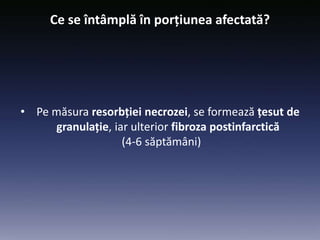 • Pe măsura resorbției necrozei, se formează țesut de
granulație, iar ulterior fibroza postinfarctică
(4-6 săptămâni)
Ce se întâmplă în porțiunea afectată?
 