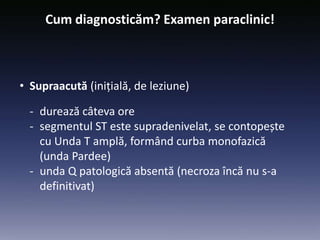 Cum diagnosticăm? Examen paraclinic!
• Supraacută (inițială, de leziune)
- durează câteva ore
- segmentul ST este supradenivelat, se contopește
cu Unda T amplă, formând curba monofazică
(unda Pardee)
- unda Q patologică absentă (necroza încă nu s-a
definitivat)
 