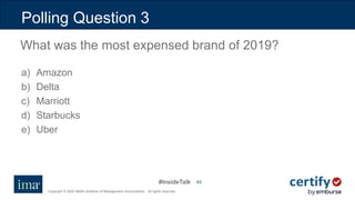 #InsideTalk
Copyright © 2020 IMA® (Institute of Management Accountants). All rights reserved.
4343
a) Amazon
b) Delta
c) Marriott
d) Starbucks
e) Uber
Polling Question 3
What was the most expensed brand of 2019?
 