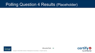 #InsideTalk
Copyright © 2020 IMA® (Institute of Management Accountants). All rights reserved.
5858
Polling Question 4 Results (Placeholder)
 