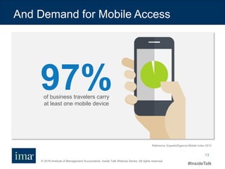 © 2016 Institute of Management Accountants. Inside Talk Webinar Series. All rights reserved.
#InsideTalk
13
97%of business travelers carry
at least one mobile device
And Demand for Mobile Access
Reference: Expedia/Egencia Mobile Index 2015
 