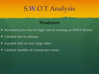 S.W.O.T Analysis
Weakness
 Increased price due to high cost of running an IMAX theatre
 Limited movie releases
 Located only in very large cities
 Limited number of screens per venue
 