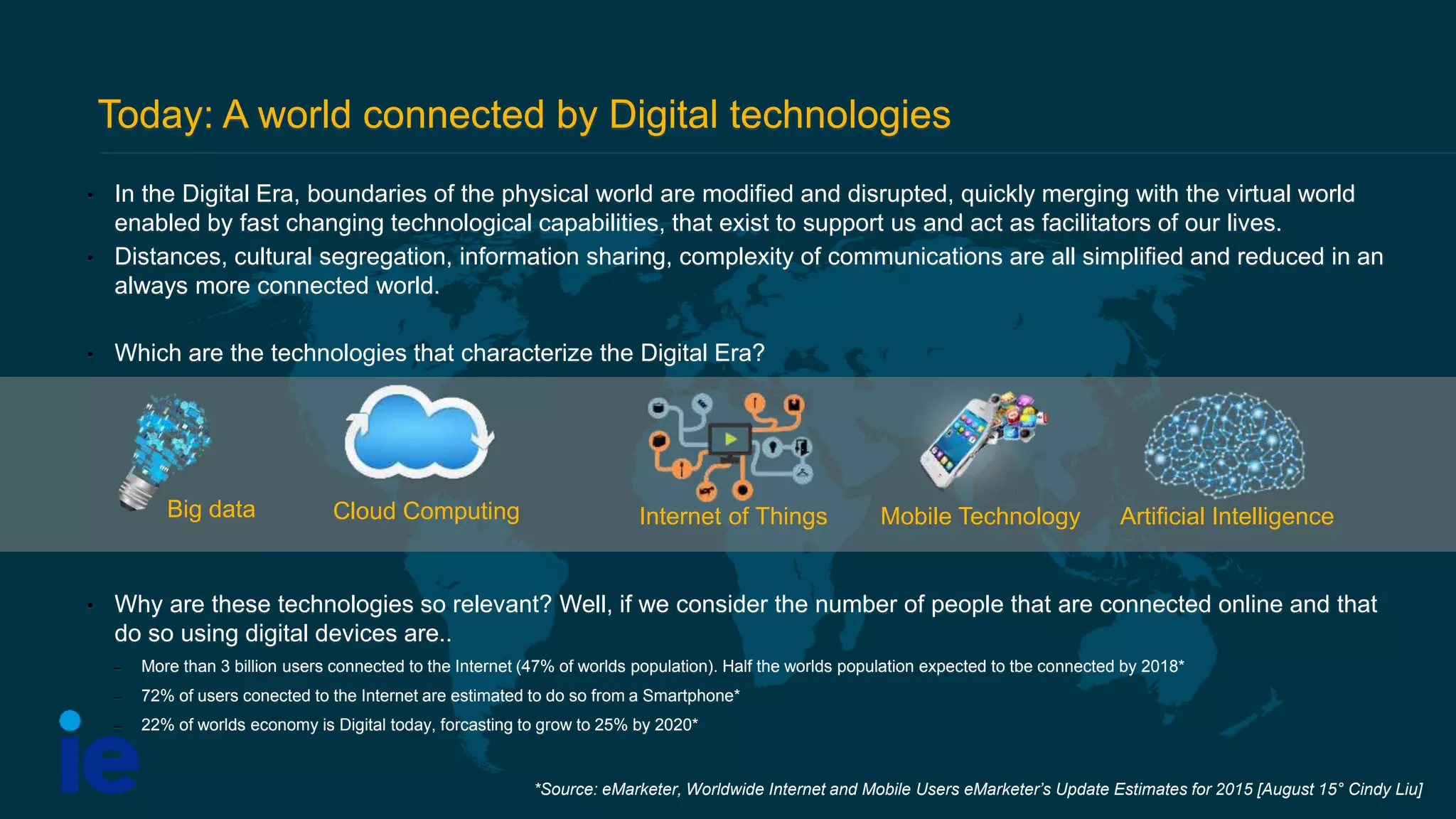 Today: A world connected by Digital technologies
• In the Digital Era, boundaries of the physical world are modified and disrupted, quickly merging with the virtual world
enabled by fast changing technological capabilities, that exist to support us and act as facilitators of our lives.
• Distances, cultural segregation, information sharing, complexity of communications are all simplified and reduced in an
always more connected world.
• Which are the technologies that characterize the Digital Era?
• Why are these technologies so relevant? Well, if we consider the number of people that are connected online and that
do so using digital devices are..
– More than 3 billion users connected to the Internet (47% of worlds population). Half the worlds population expected to tbe connected by 2018*
– 72% of users conected to the Internet are estimated to do so from a Smartphone*
– 22% of worlds economy is Digital today, forcasting to grow to 25% by 2020*
Big data Cloud Computing Internet of Things Mobile Technology Artificial Intelligence
*Source: eMarketer, Worldwide Internet and Mobile Users eMarketer’s Update Estimates for 2015 [August 15° Cindy Liu]
 