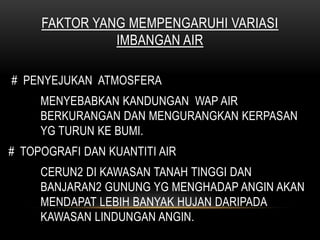 FAKTOR YANG MEMPENGARUHI VARIASI
IMBANGAN AIR
# PENYEJUKAN ATMOSFERA
MENYEBABKAN KANDUNGAN WAP AIR
BERKURANGAN DAN MENGURANGKAN KERPASAN
YG TURUN KE BUMI.
# TOPOGRAFI DAN KUANTITI AIR
CERUN2 DI KAWASAN TANAH TINGGI DAN
BANJARAN2 GUNUNG YG MENGHADAP ANGIN AKAN
MENDAPAT LEBIH BANYAK HUJAN DARIPADA
KAWASAN LINDUNGAN ANGIN.
 
