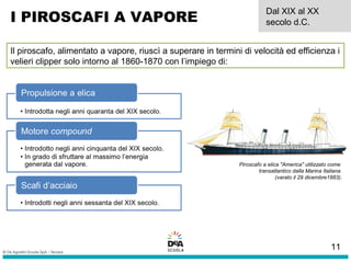 Il piroscafo, alimentato a vapore, riuscì a superare in termini di velocità ed efficienza i
velieri clipper solo intorno al 1860-1870 con l’impiego di:
Piroscafo a elica "America" utilizzato come
transatlantico dalla Marina Italiana
(varato il 29 dicembre1883).
I PIROSCAFI A VAPORE
Dal XIX al XX
secolo d.C.
11
 