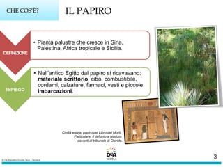 Civiltà egizia, papiro del Libro dei Morti.
Particolare: il defunto a giudizio
davanti al tribunale di Osiride.
CHE COSCHE COS’È?’È? IL PAPIRO
3
 