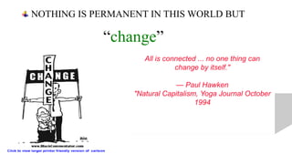 NOTHING IS PERMANENT IN THIS WORLD BUT

            “change”
                     All is connected ... no one thing can
                               change by itself."

                              — Paul Hawken
                  "Natural Capitalism, Yoga Journal October
                                     1994
 