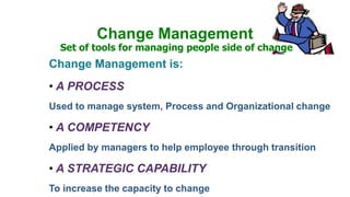 Change Management
  Set of tools for managing people side of change
Change Management is:
• A PROCESS
Used to manage system, Process and Organizational change

• A COMPETENCY
Applied by managers to help employee through transition

• A STRATEGIC CAPABILITY
To increase the capacity to change
 