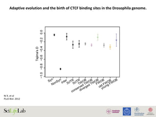 Ni	X.	et	al		
PLoS	Biol.	2012	
Adaptive	evolution	and	the	birth	of	CTCF	binding	sites	in	the	Drosophila	genome.Adaptive Evolution of CTCF Binding Sites
 