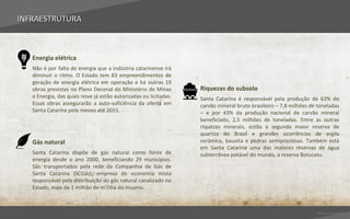 INFRAESTRUTURA



   Energia elétrica
   Não é por falta de energia que a indústria catarinense irá
   diminuir o ritmo. O Estado tem 83 empreendimentos de
   geração de energia elétrica em operação e há outras 19
   obras previstas no Plano Decenal do Ministério de Minas        Riquezas do subsolo
   e Energia, das quais nove já estão autorizadas ou licitadas.   Santa Catarina é responsável pela produção de 63% do
   Essas obras assegurarão a auto-suficiência da oferta em        carvão mineral bruto brasileiro – 7,8 milhões de toneladas
   Santa Catarina pelo menos até 2015.                            – e por 43% da produção nacional de carvão mineral
                                                                  beneficiado, 2,5 milhões de toneladas. Entre as outras
                                                                  riquezas minerais, estão a segunda maior reserva de
                                                                  quartzo do Brasil e grandes ocorrências de argila
   Gás natural                                                    cerâmica, bauxita e pedras semipreciosas. Também está
                                                                  em Santa Catarina uma das maiores reservas de água
   Santa Catarina dispõe de gás natural como fonte de             subterrânea potável do mundo, a reserva Botucatu.
   energia desde o ano 2000, beneficiando 29 municípios.
   São transportados pela rede da Companhia de Gás de
   Santa Catarina (SCGás), empresa de economia mista
   responsável pela distribuição do gás natural canalizado no
   Estado, mais de 1 milhão de m3/dia do insumo.



                                                                                                                  Voltar para índice
 