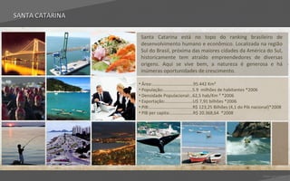 SANTA CATARINA

                  Santa Catarina está no topo do ranking brasileiro de
                  desenvolvimento humano e econômico. Localizada na região
                  Sul do Brasil, próxima das maiores cidades da América do Sul,
                  historicamente tem atraído empreendedores de diversas
                  origens. Aqui se vive bem, a natureza é generosa e há
                  inúmeras oportunidades de crescimento.

                 • Área:..................................95.442 Km²
                 • População:........................5.9 milhões de habitantes *2006
                 • Densidade Populacional:..62,5 hab/Km ² *2006
                 • Exportação:.......................U$ 7,91 bilhões *2006
                 • PIB:....................................R$ 123,25 Bilhões (4,1 do Pib nacional)*2008
                 • PIB per capita:...................R$ 20.368,64 *2008




                                                                                           Voltar para índice
 