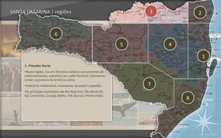SANTA CATARINA | regiões                                                3           2


                          6
                                                                    5       4

                                                                                        1
     3. Planalto Norte
     •Nesta região, rica em florestas nativas e provenientes de
     reflorestamento, concentra-se o pólo florestal catarinense -
     o mais expressivo da América Latina.
     •Indústrias madeireiras, moveleiras, de papel e papelão.           7
     •Os principais municípios são Rio Negrinho, São Bento do
     Sul, Canoinhas, Corupá, Mafra, Três Barras e Porto União.
                                                                                8




                                                                                    Voltar para regiões
 