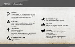 IMBITUBA| infraestrutura



         RODOVIAS:
         Servida pela BR 101 com acesso sul e norte da
         cidade, distribuindo assim áreas para cargas e
         veículos leves, industrial e residencial,
         comercial.                                       COMÉRCIO E SERVIÇOS
                                                          25OO empregados diretos no setor
         FERROVIAS:
         SR 9 Ferrovia Teresa Cristina com 210 Km que
                                                          INDUSTRIA
         ligam as regiões de Criciúma e o Porto de
                                                          Mais de 500 empresas atuantes, mais de 50
         Imbituba.
                                                          instaladas nos últimos 5 anos)
         AEROPORTOS
         Florianópolis – 105 Km                           EDUCAÇÃO
         Criciúma – 110 Km                                Mais de 40 Escolas públicas e privadas
         Aeródromo de Imbituba – 5 Km – Aeronaves do      Universidades
         porte de Lear-Jet, Bandeirante e Barsília;       •FUCAP/UNIA S SELVI
                                                          (06 cursos bacharel. E 09 licenciaturas)
         CONDOMÍNIO INDUSTRIAL                            •UNIBAVI (03 cursos bacharel.)
         Lotes de 6800 m²
         ZPE



                                                                                                     Voltar para índice
 