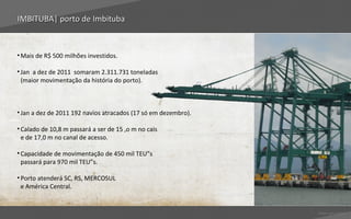IMBITUBA| porto de Imbituba



• Mais de R$ 500 milhões investidos.

• Jan a dez de 2011 somaram 2.311.731 toneladas
  (maior movimentação da história do porto).



• Jan a dez de 2011 192 navios atracados (17 só em dezembro).

• Calado de 10,8 m passará a ser de 15 ,o m no cais
  e de 17,0 m no canal de acesso.

• Capacidade de movimentação de 450 mil TEU”s
  passará para 970 mil TEU”s.

• Porto atenderá SC, RS, MERCOSUL
  e América Central.


                                                                Voltar para índice
 