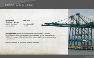 IMBITUBA| porto de Imbituba




• Identificação               Área (m²)
• Área Total 400.000
• Área de Terminais           Arrendados 922
• Área Multiuso               82.600



• Principais cargas: No porto movimentam-se granéis sólidos e líquidos,
  congelados, contêineres e carga geral, com destaque para as importações de
  fertilizantes, coque, milho, sal e barrilha e as exportações de congelados, açúcar
  e contêineres.

• Destaque nacional de qualidade em Meio Ambiente




                                                                                       Voltar para índice
 