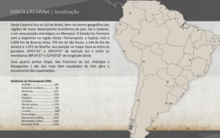 SANTA CATARINA | localização

Santa Catarina fica no Sul do Brasil, bem no centro geográfico das
regiões de maior desempenho econômico do país, Sul e Sudeste,
e em uma posição estratégica no Mercosul. O Estado faz fronteira
com a Argentina na região Oeste. Florianópolis, a Capital, está a
1.850 km de Buenos Aires, 705 km de São Paulo, 1.144 do Rio de
Janeiro e 1.673 de Brasília. Sua posição no mapa situa-se entre os
paralelos 25º57'41" e 29º23'55" de latitude Sul e entre os
meridianos 48º19'37" e 53º50'00" de longitude Oeste.
Seus quatro portos (Itajaí, São Francisco do Sul, Imbituba e
Navegantes ) são dos mais bem equipados do País para o
escoamento das exportações.

Distâncias de Florianópolis (KM)
        Joinville..................................185
        Balneário Camburiú.................82
        Blumenau..............................143
        Lages......................................224
        Chapecó.................................569
        Criciúma.................................192
        Rio de Janeiro......................1.144
        São Paulo................................705
        Curitiba...................................300
        Porto Alegre...........................476
        Buenos Aires (ARG).............1.850
        Montevidéu (URU)..............1.360
        Assunção (PAR)...................1.290


                                                                     Voltar para índice
 