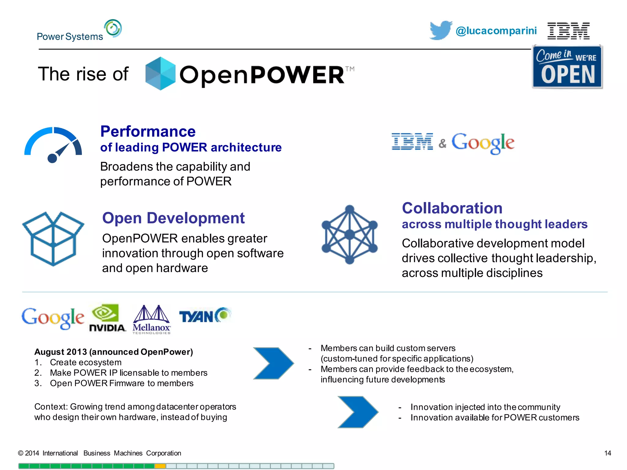 @lucacomparini
The  rise  of  
©  2014   International   Business   Machines   Corporation 14
Performance
of  leading  POWER  architecture  
Broadens  the  capability  and  
performance  of  POWER
Open  Development
OpenPOWER enables  greater  
innovation  through  open  software  
and  open  hardware
Collaboration
across  multiple  thought  leaders
Collaborative  development  model  
drives  collective  thought  leadership,  
across  multiple  disciplines
-­ Members  can  build  custom  servers  
(custom-­tuned  for  specific  applications)
-­ Members  can  provide  feedback  to  the  ecosystem,    
influencing  future  developments
Context:  Growing  trend  among  datacenter  operators  
who  design  their  own  hardware,  instead  of  buying
August  2013  (announced  OpenPower)
1. Create  ecosystem
2. Make  POWER  IP  licensable  to  members
3. Open  POWER  Firmware  to  members
-­ Innovation  injected  into  the  community
-­ Innovation  available  for  POWER  customers
&
 