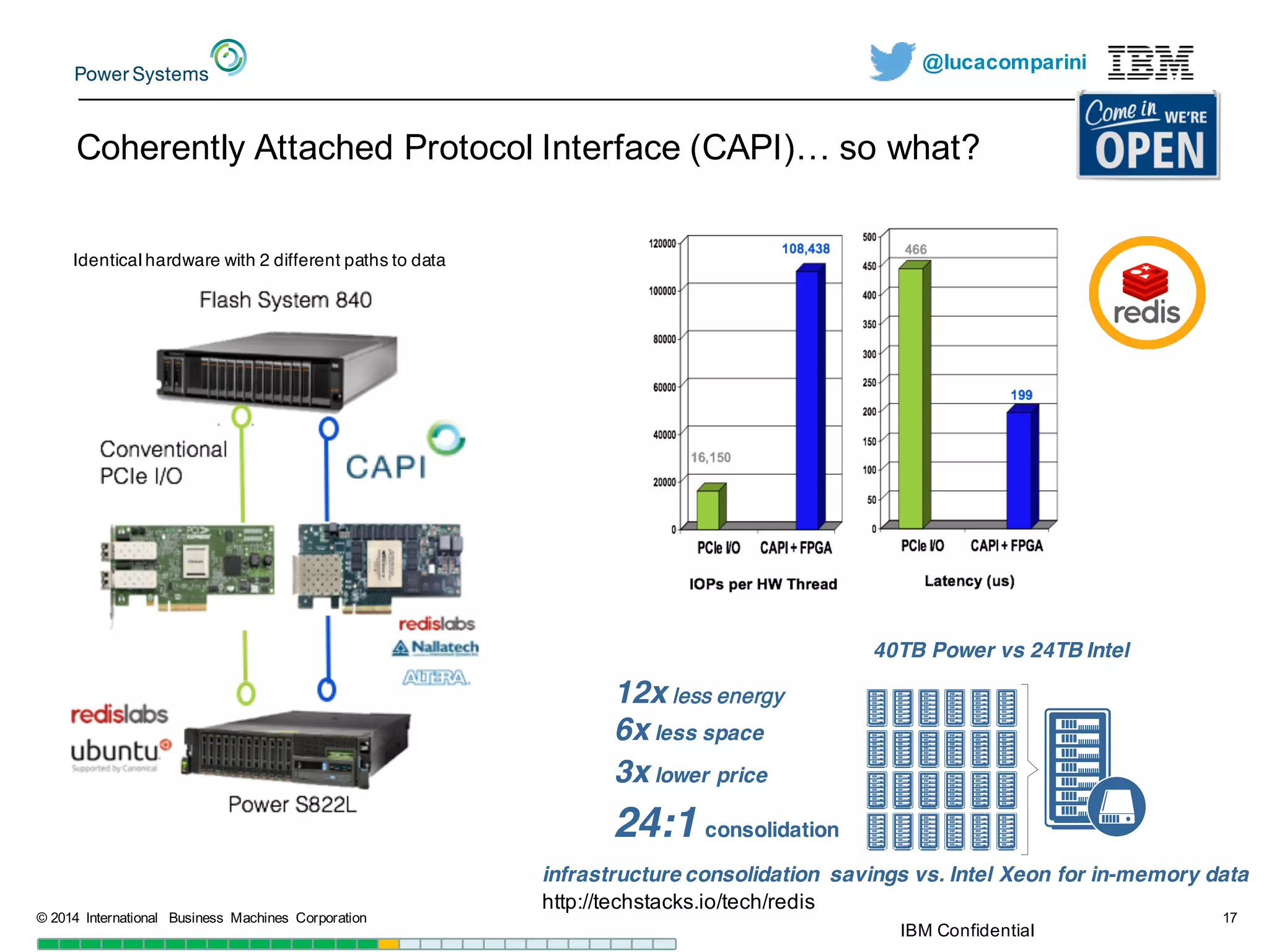 @lucacomparini
Coherently  Attached  Protocol  Interface  (CAPI)…  so  what?
©  2014   International   Business   Machines   Corporation 17
IBM  Confidential
Identical hardware with 2 different paths to data
http://techstacks.io/tech/redis
24:1 consolidation
12x less energy
6x less space
3x lower price
40TB Power vs 24TB Intel
infrastructure consolidation savings vs. Intel Xeon for in-memory data
 