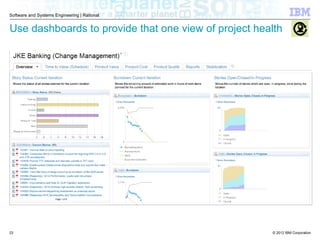 © 2012 IBM Corporation
Software and Systems Engineering | Rational
Use dashboards to provide that one view of project health
23
 