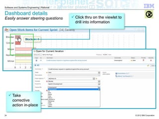 © 2012 IBM Corporation
Software and Systems Engineering | Rational
Dashboard details
Easily answer steering questions  Click thru on the viewlet to
drill into information
 Take
corrective
action in-place
24
 