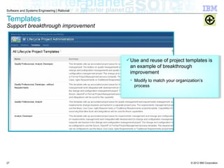 © 2012 IBM Corporation
Software and Systems Engineering | Rational
Templates
Support breakthrough improvement
27
Use and reuse of project templates is
an example of breakthrough
improvement
• Modify to match your organization’s
process
 