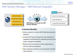 © 2012 IBM Corporation
Software and Systems Engineering | Rational
37
SAP Solution Manager – IBM Rational Integration
IBM Rational Connector for SAP
Solution Manager
Business Blueprint
Project Reporting
Incident Management
Requirements Management
Quality Management
Change/Defect Management
Customer Benefits
 Allows customers to combine SAP & IBM best practices &
standards
 Combine SAP Solution Manager life-cycle management
capabilities with IBM Rational‘s integrated governance and
quality management capabilities
 Enables end-to-end business process testing between
SAP and customer applications
 Aligns enterprise architecture and requirements with SAP-
centric Solutions
Change Impact Analysis
 