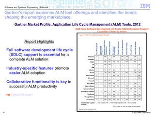 © 2012 IBM Corporation
Software and Systems Engineering | Rational
40
Gartner's report examines ALM tool offerings and identifies the trends
shaping the emerging marketplace.
Report Highlights
Full software development life cycle
(SDLC) support is essential for a
complete ALM solution
Industry-specific features promote
easier ALM adoption
Collaborative functionality is key to
successful ALM productivity
Link to full report
Gartner Market Profile: Application Life Cycle Management (ALM) Tools, 2012
ALM Tools Software Development Life Cycle (SDLC) Discipline Support
Capabilities Offered by Vendor
 