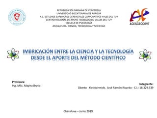 REPÚBLICA BOLIVARIANA DE VENEZUELA
UNIVERSIDAD BICENTENARIA DE ARAGUA
A.C. ESTUDIOS SUPERIORES GERENCIALES CORPORATIVOS VALES DEL TUY
CENTRO REGIONAL DE APOYO TECNOLOGICO VALLES DEL TUY
ESCUELA DE PSICOLOGÍA
ASIGNATURA: CIENCIA, TECNOLOGÍA Y SOCIEDAD
Profesora:
Ing. MSc. Mayira Bravo
Integrante:
Oberto Kleinschmidt, José Ramón Ricardo - C.I.: 18.329.539
Charallave – Junio 2019
 