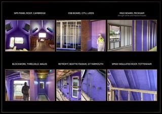 SIPS PANEL ROOF, CAMBRIDGE MGO BOARD, PECKHAMOSB BOARD, CITU, LEEDS
BLOCKWORK, THRELKELD, WALES SPRAY INSULATED ROOF, TOTTENHAMRETROFIT, BEATTIE PASSIVE, GT YARMOUTH
(Airtight white and Passive Purple)
 