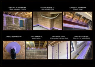TOP PLATE TO BLOCKWORK,
TRUSS AND WALL STRAPS
BLOCKWORK TO SLAB/
DPC CONNECTIONS
JOIST/STEEL, BLOCKWORK
CONNECTIONS
SERVICE PENETRATIONS JOIST ZONES INTO
BLOCKWORK
MGO BOARD JOINTS
AND FIXING PENETRATIONS
WINDOW/DOOR UPVC
FORMERS TO BLOCKWORK
 